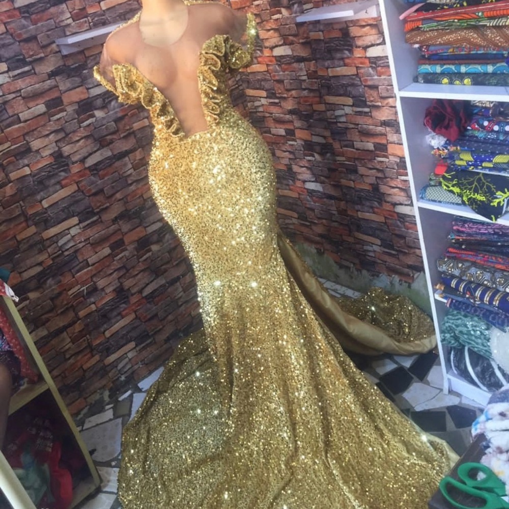 Custom Gold Sequin Prom Dress With Mesh, Decorative Bustier Size 16